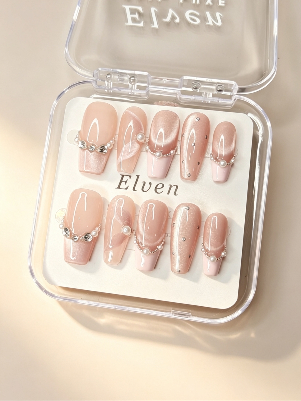 Nude Pink Cat Eye French Tip Pearl Rhinestone Long Coffin Press On Nails